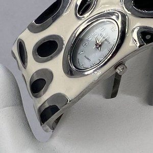Lady's watch White with Black Spots Clamp Bangle Good Condition New Battery
